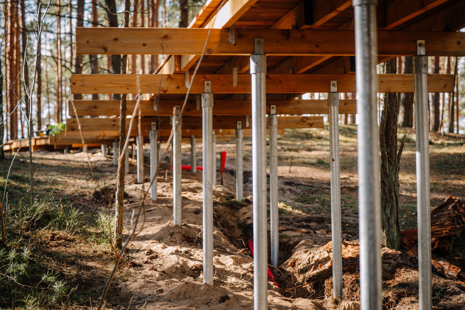 A row of galvanized steel screw piles supports a wooden platform foundation in a forest area, showing precise construction over uneven sandy terrain.